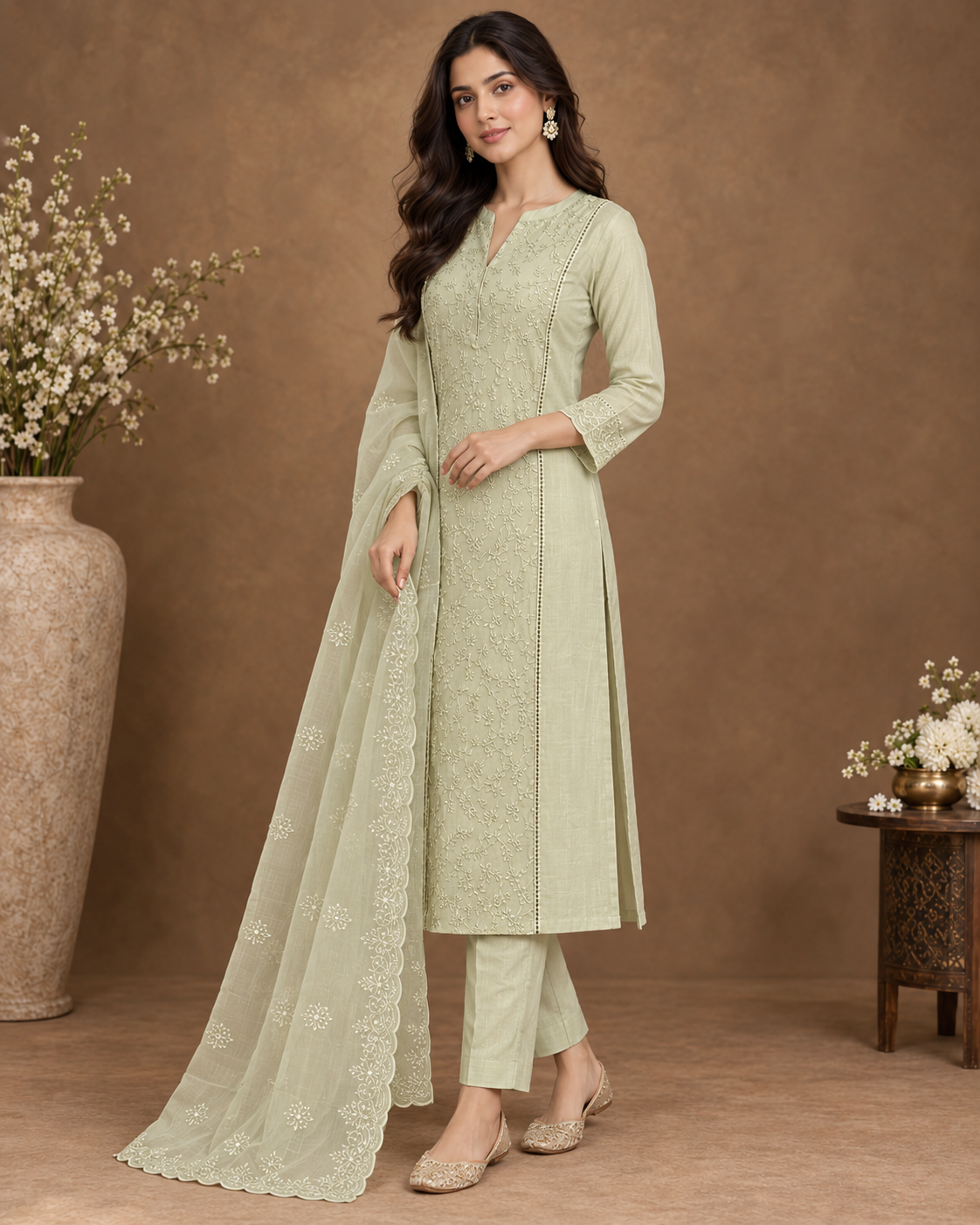 Pastel Green Embroidered Straight Suit Set
