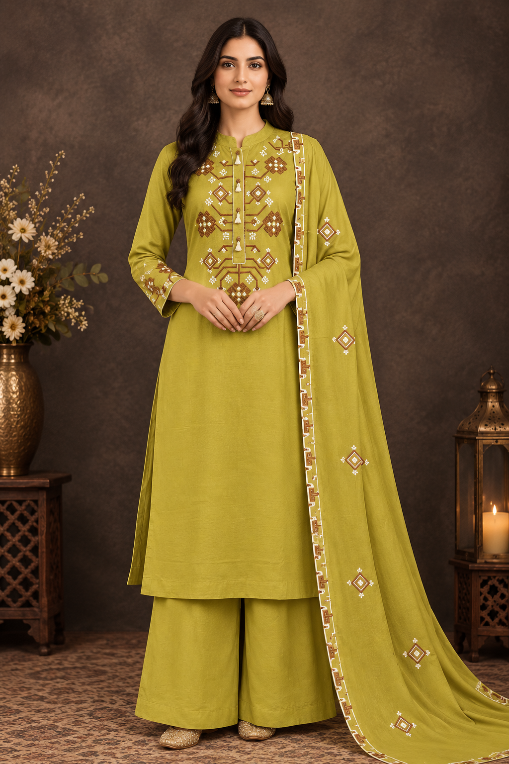 Elegant Mustard Yellow Embroidered Palazzo Suit Set with Dupatta