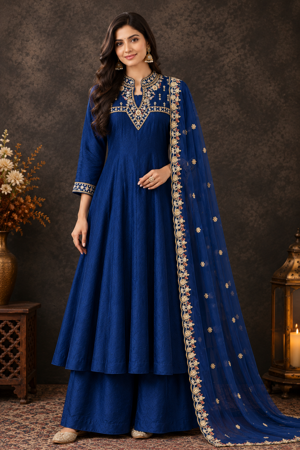 Elegant Navy Blue Anarkali Suit Set with Embroidered Dupatta