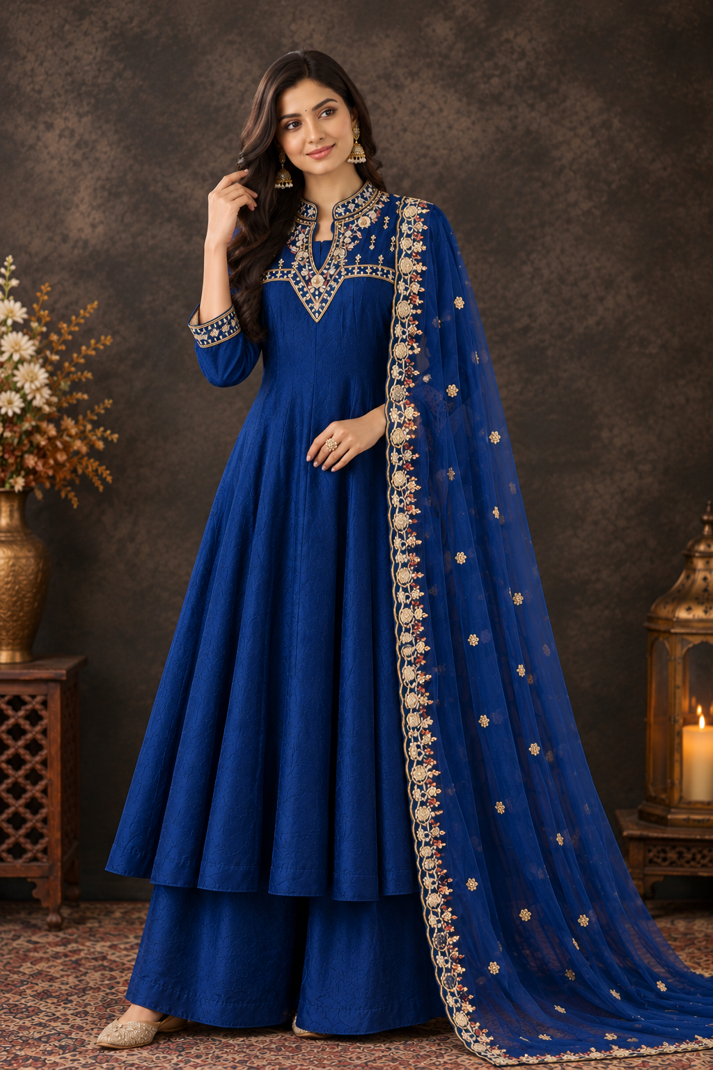 Elegant Navy Blue Anarkali Suit Set with Embroidered Dupatta