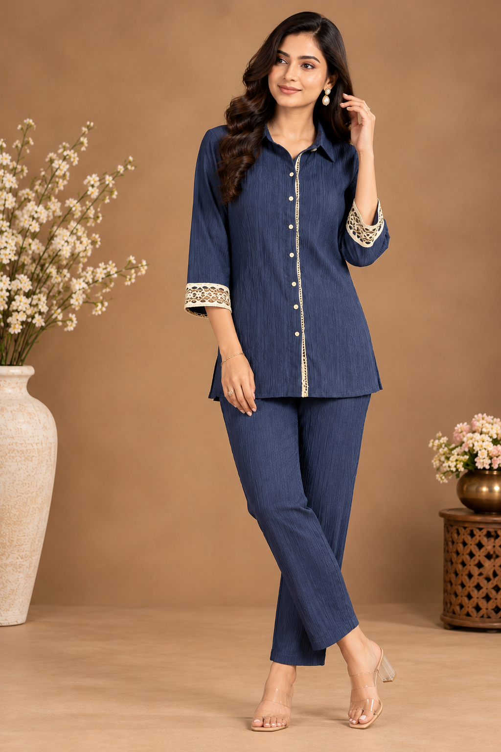 Elegant Navy Blue Shirt Pant Set
