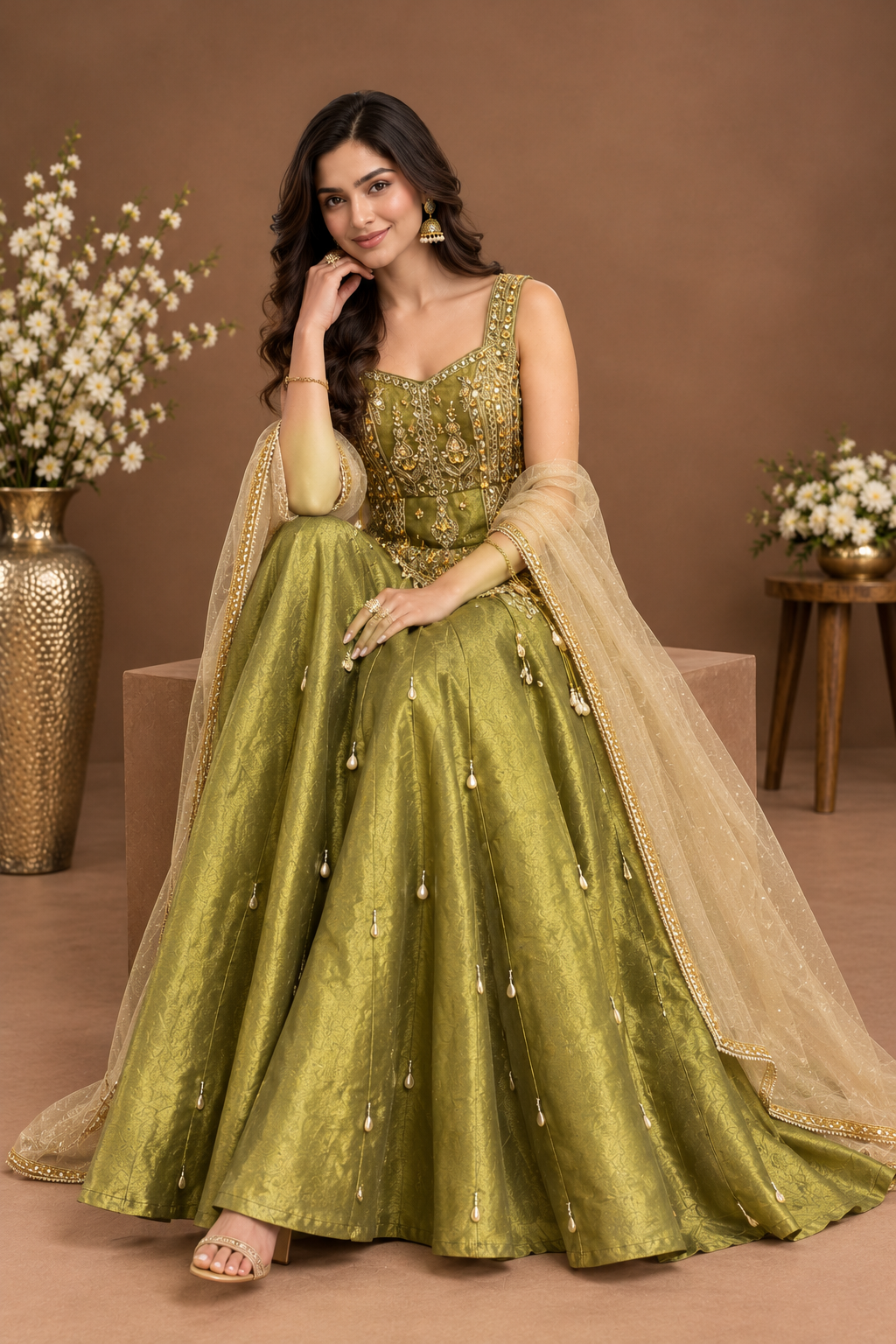 Elegant Olive Green Embellished Palazzo Suit Set
