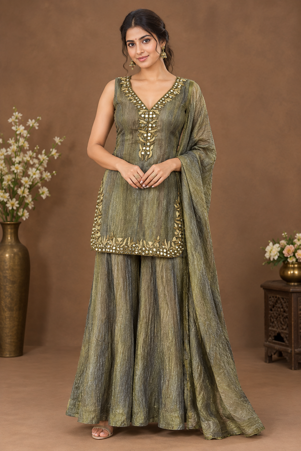 Women’s Pink & GREEN Embellished Kurta Palazzo Set with Dupatta
