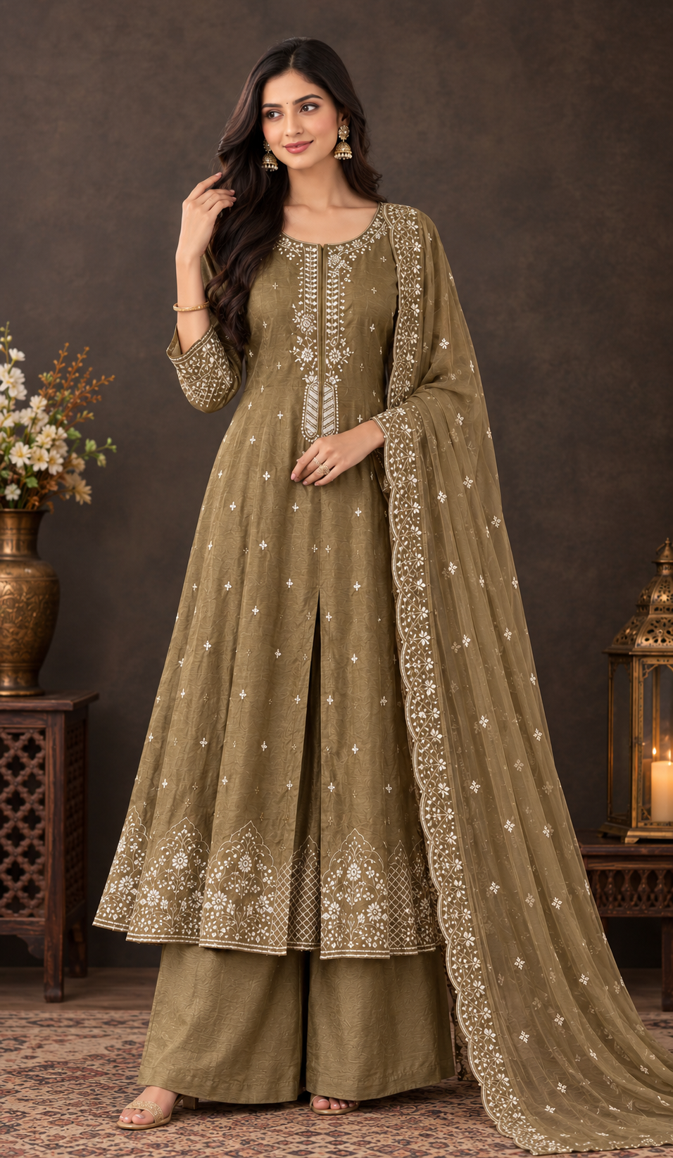 Elegant Olive Green Embroidered Palazzo Suit Set