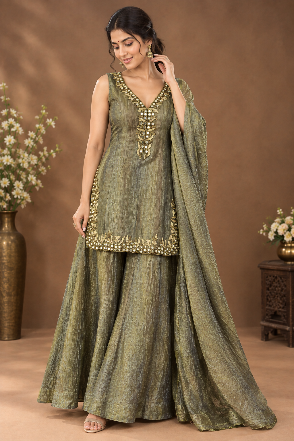 Women’s Pink & GREEN Embellished Kurta Palazzo Set with Dupatta