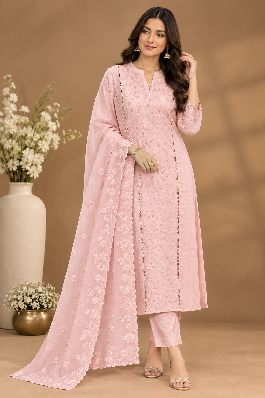 Pastel Green Embroidered Straight Suit Set