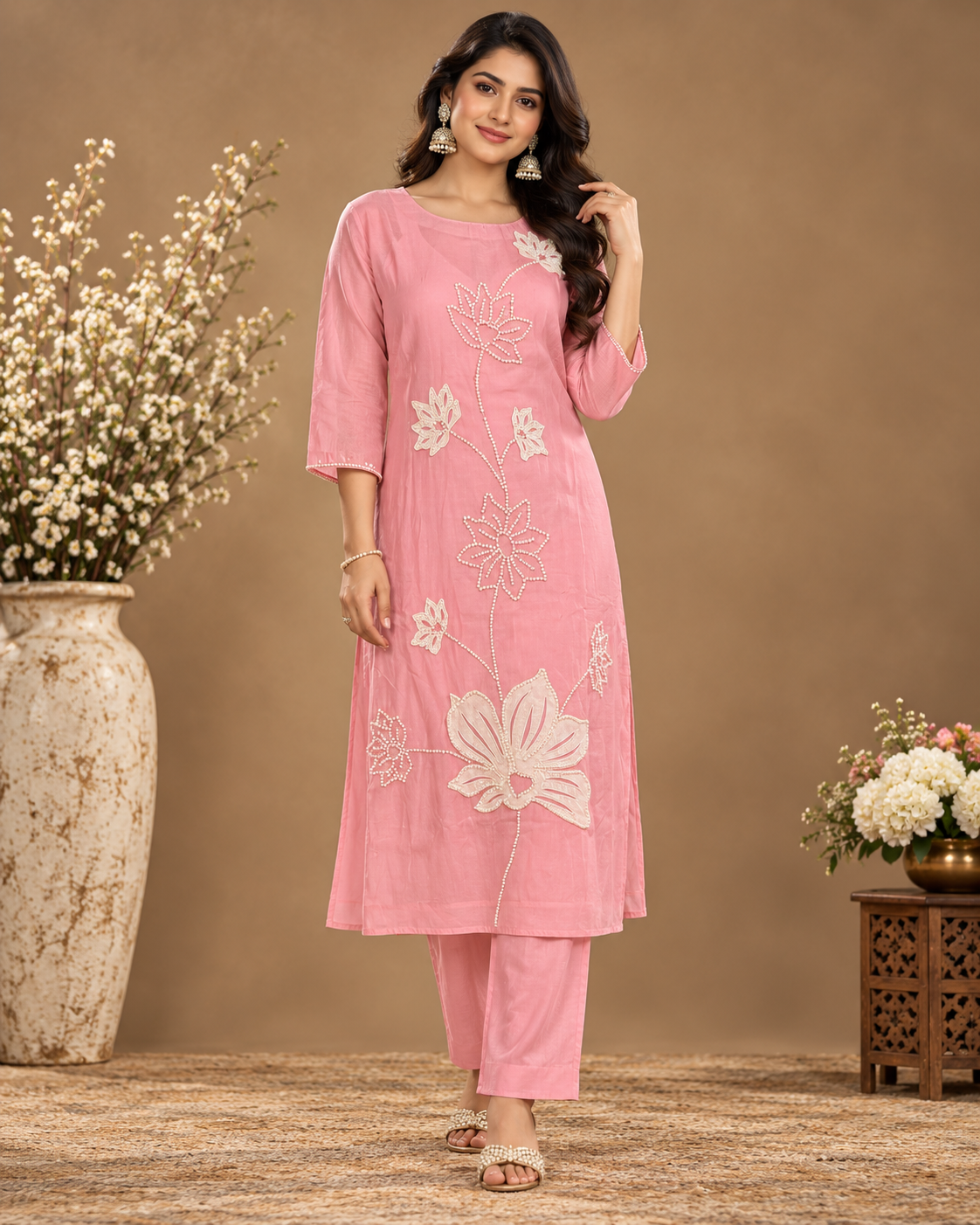 Elegant Floral Embroidered Kurta Pant Set