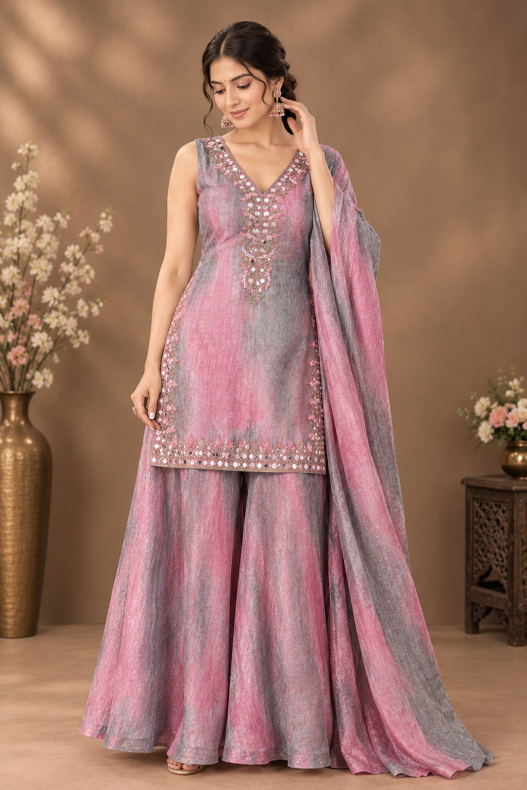 Women’s Pink & GREEN Embellished Kurta Palazzo Set with Dupatta