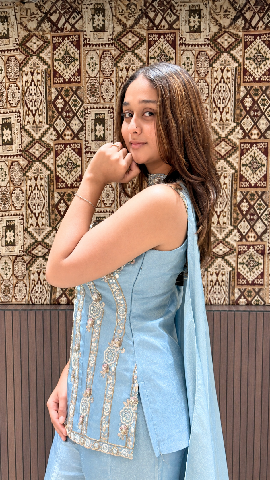 Sky Blue Embroidered Peplum Top with Palazzo Set