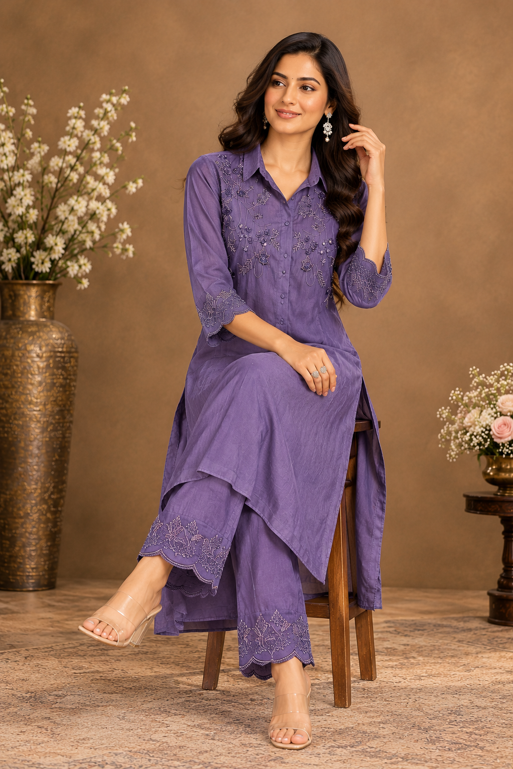 Elegant Purple Embroidered Kurta Pant Set
