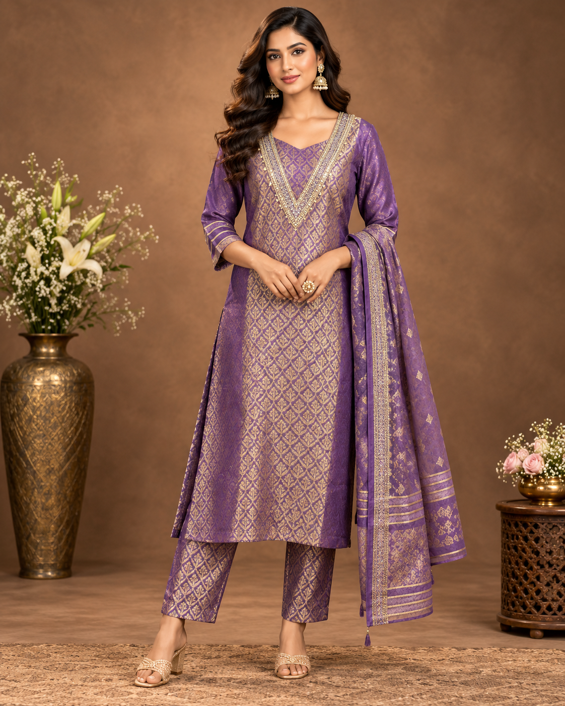 Purple Gold Woven Ethnic Kurta Set