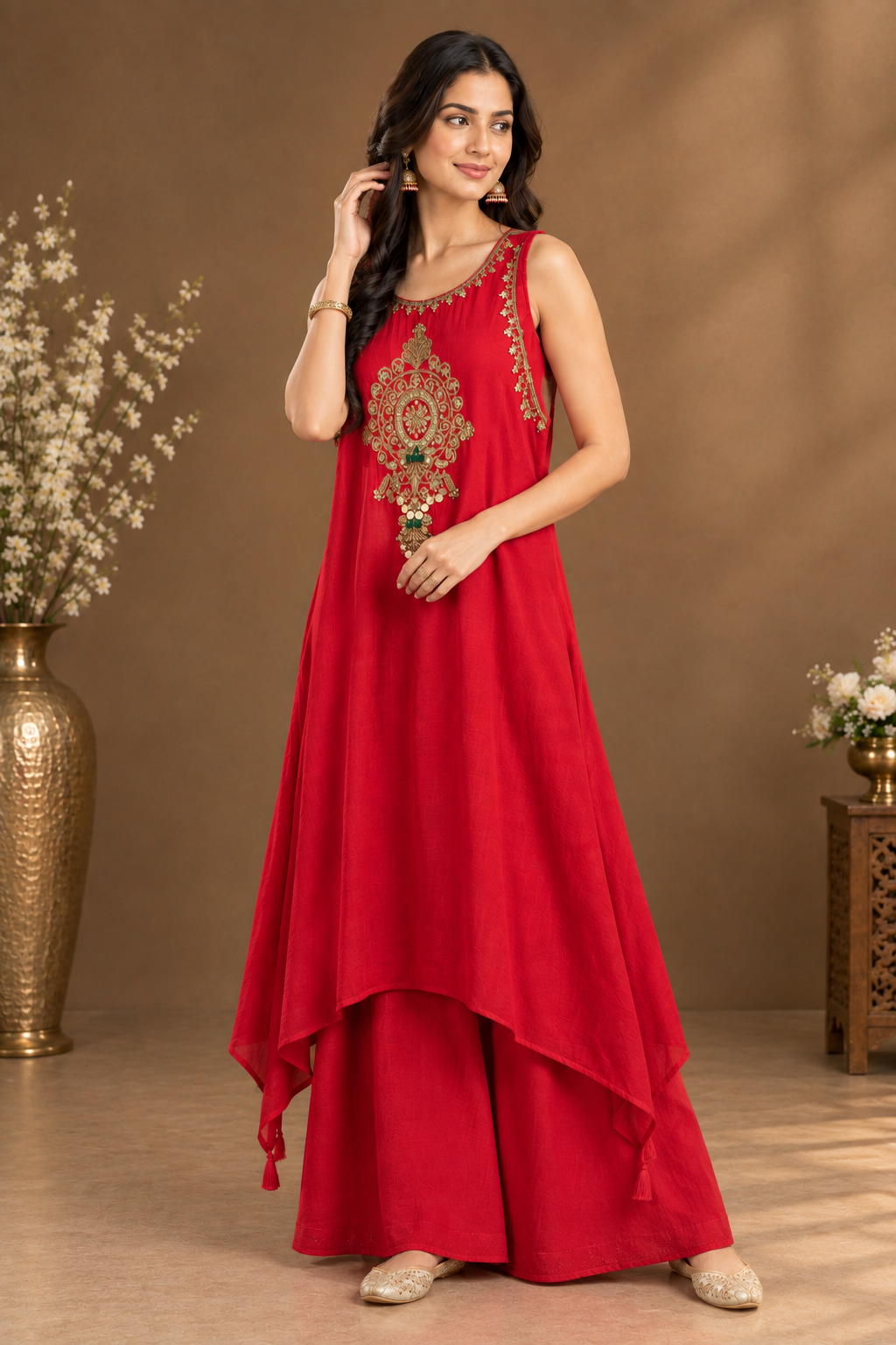 Red Embroidered Indo-Western Kurta Set
