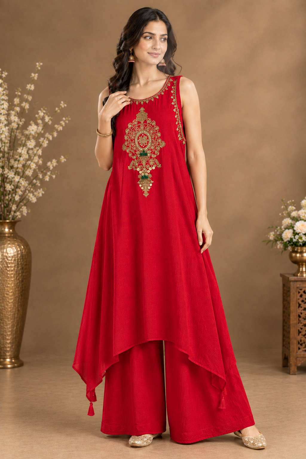 Red Embroidered Indo-Western Kurta Set