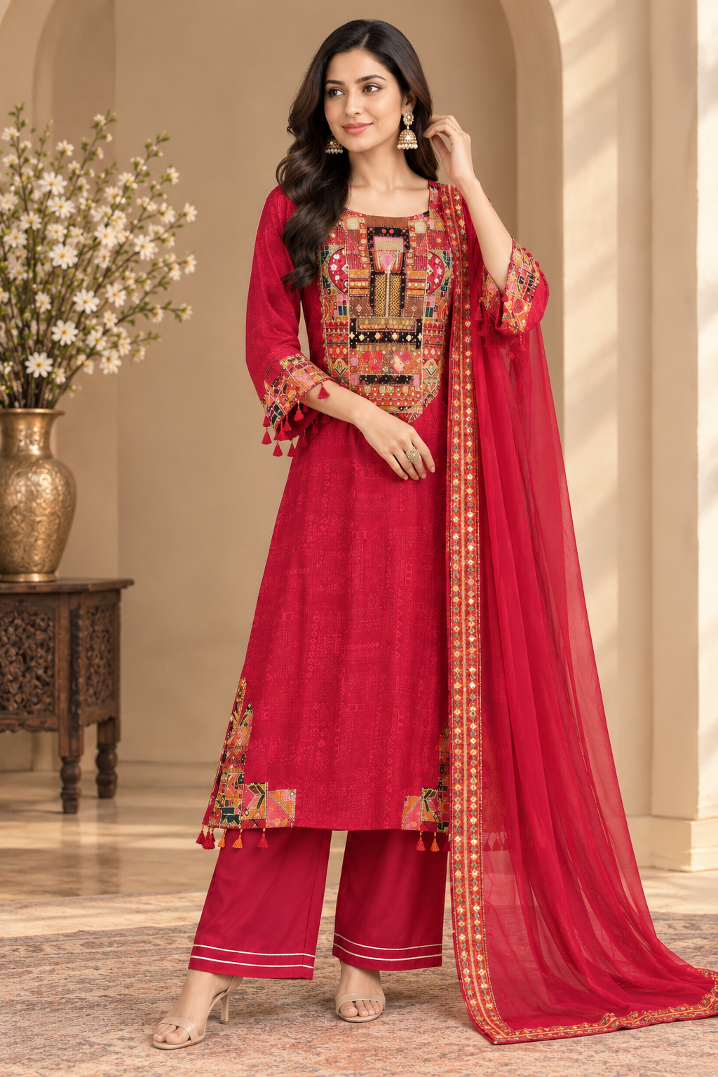Elegant Printed Salwar Suit Set with Palazzo & Dupatta