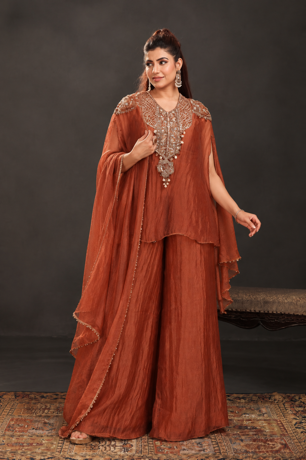 Olive Green & Rust Embellished Cape Style Palazzo Set