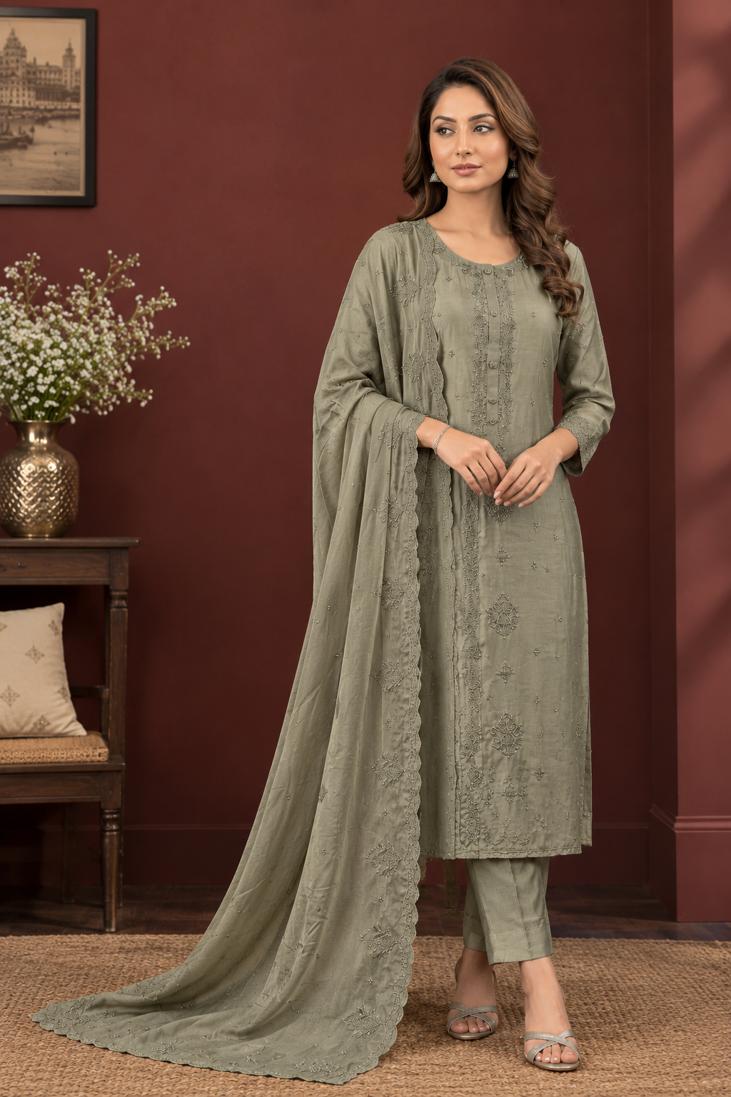Elegant Olive Green Embroidered Suit Set with Dupatta