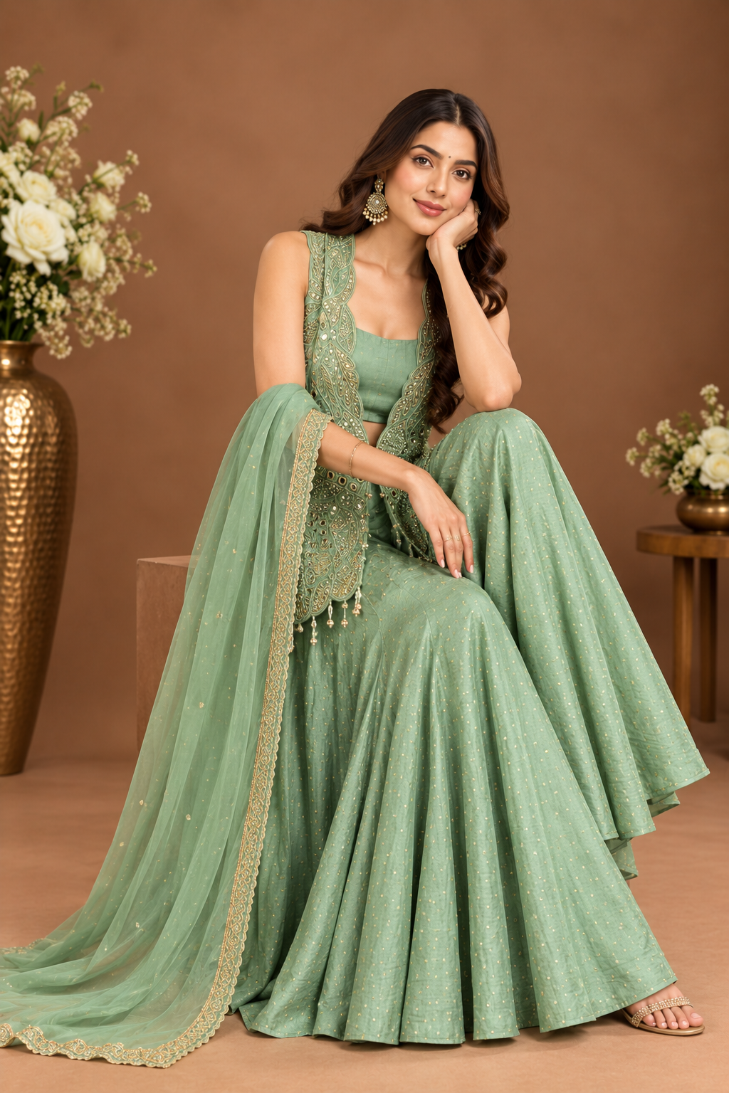 Elegant Sage Green Embellished Palazzo Set