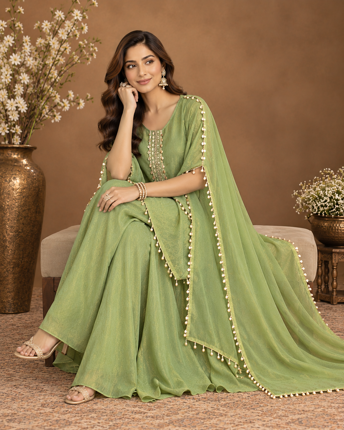 : Sage Green Embellished Palazzo Set for Women