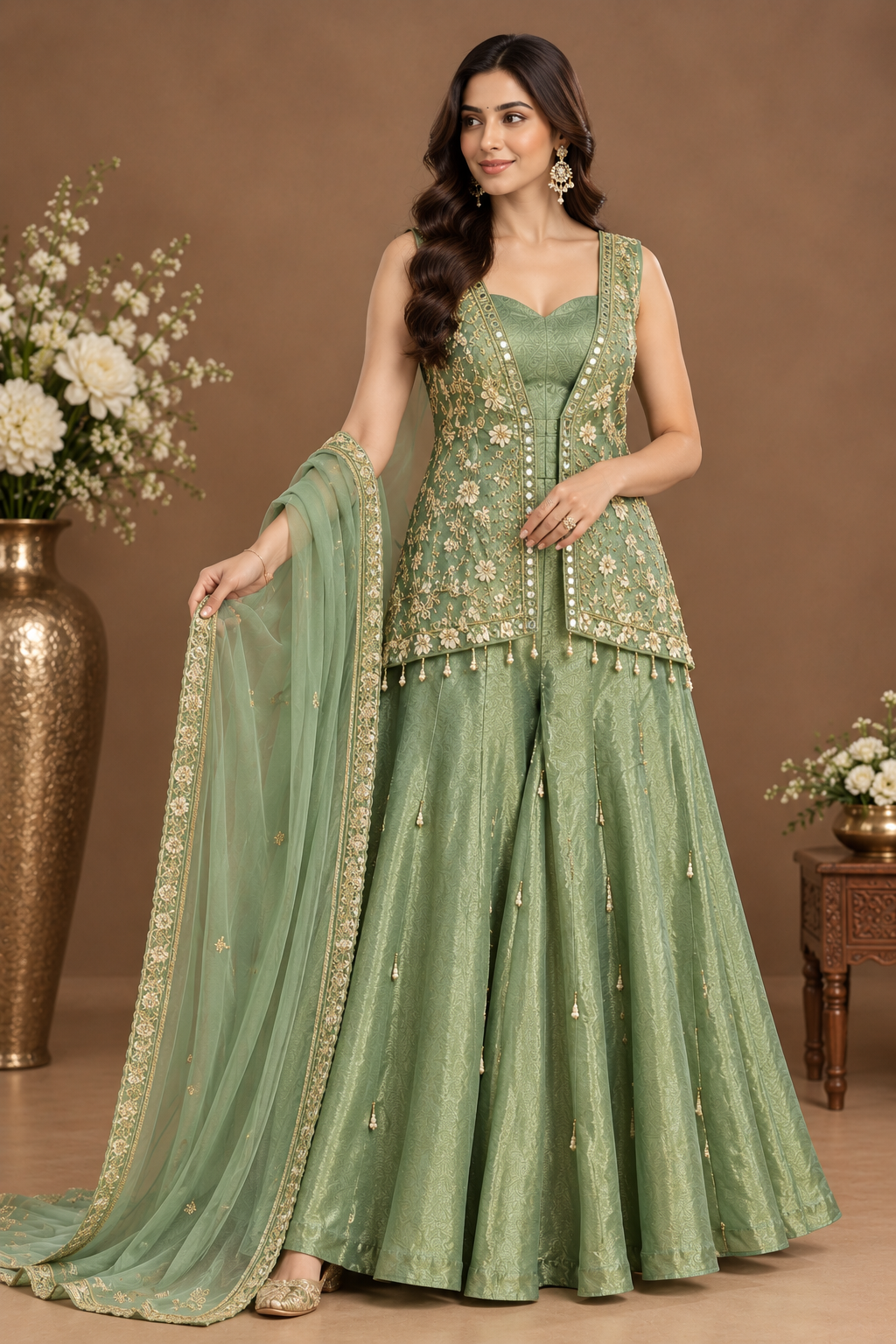 Elegant Sage Green Embellished Palazzo Suit Set