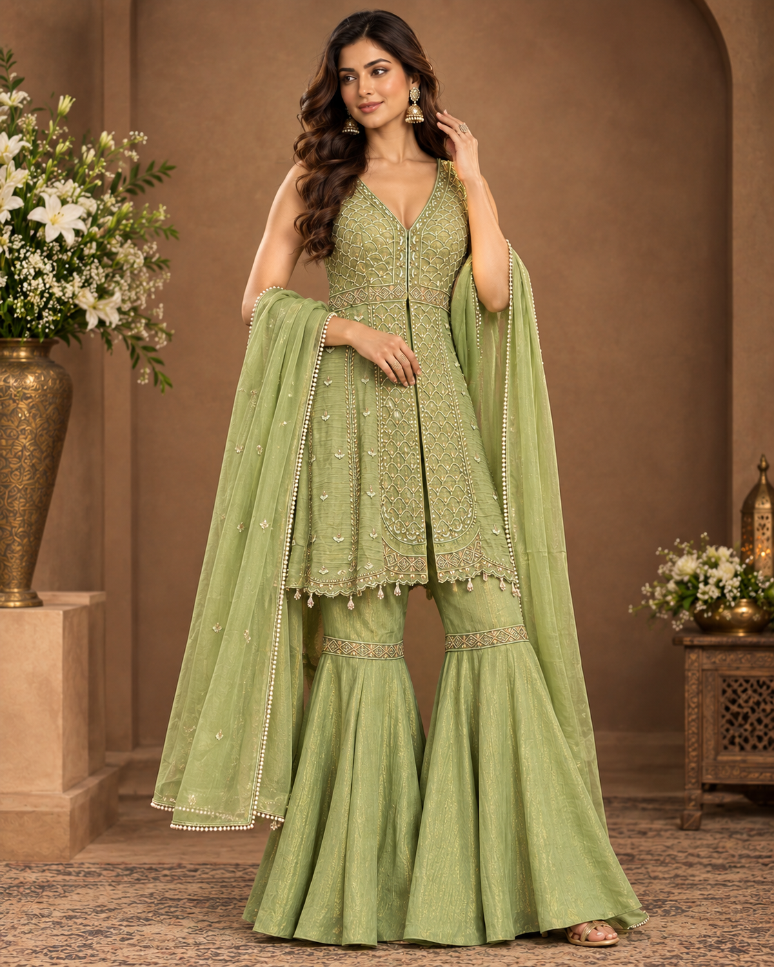 Sage Green Embroidered Sharara Set