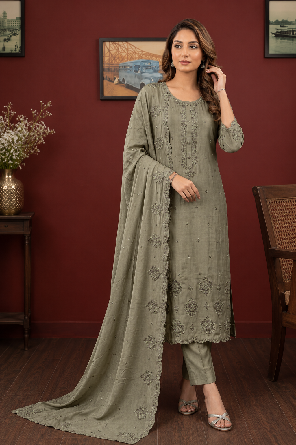 Elegant Olive Green Embroidered Suit Set with Dupatta