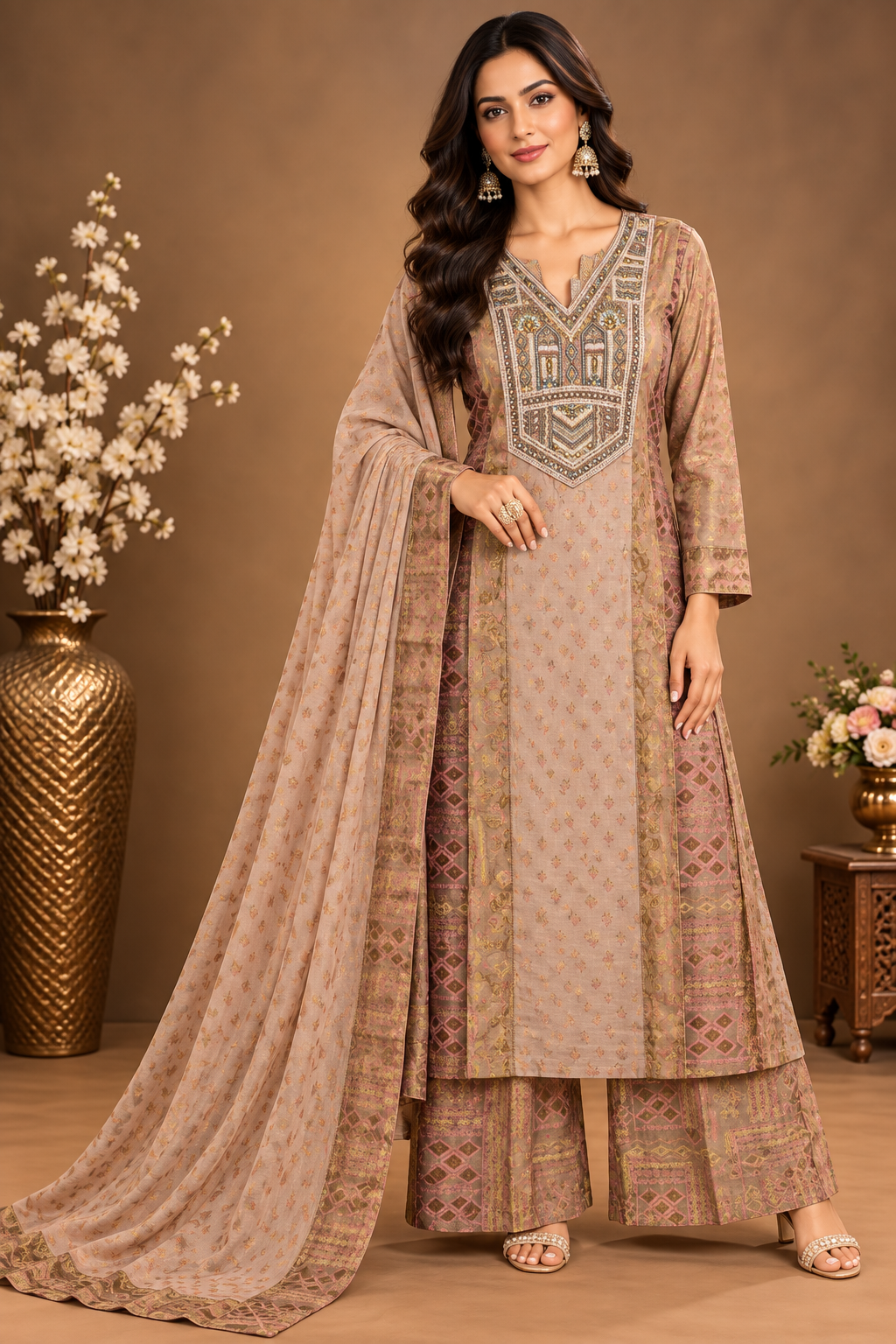 Elegant Beige Printed Palazzo Suit Set