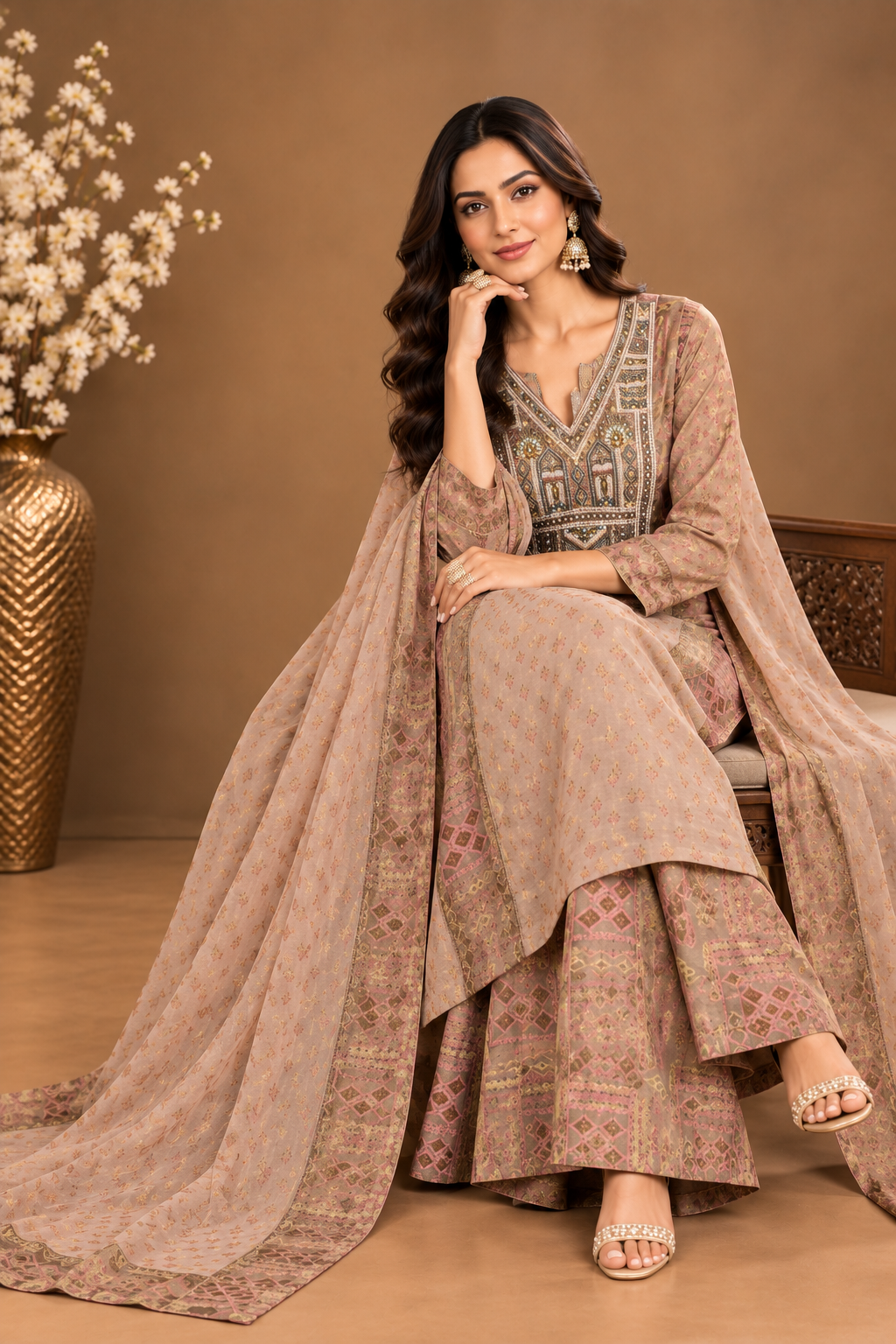 Elegant Beige Printed Palazzo Suit Set