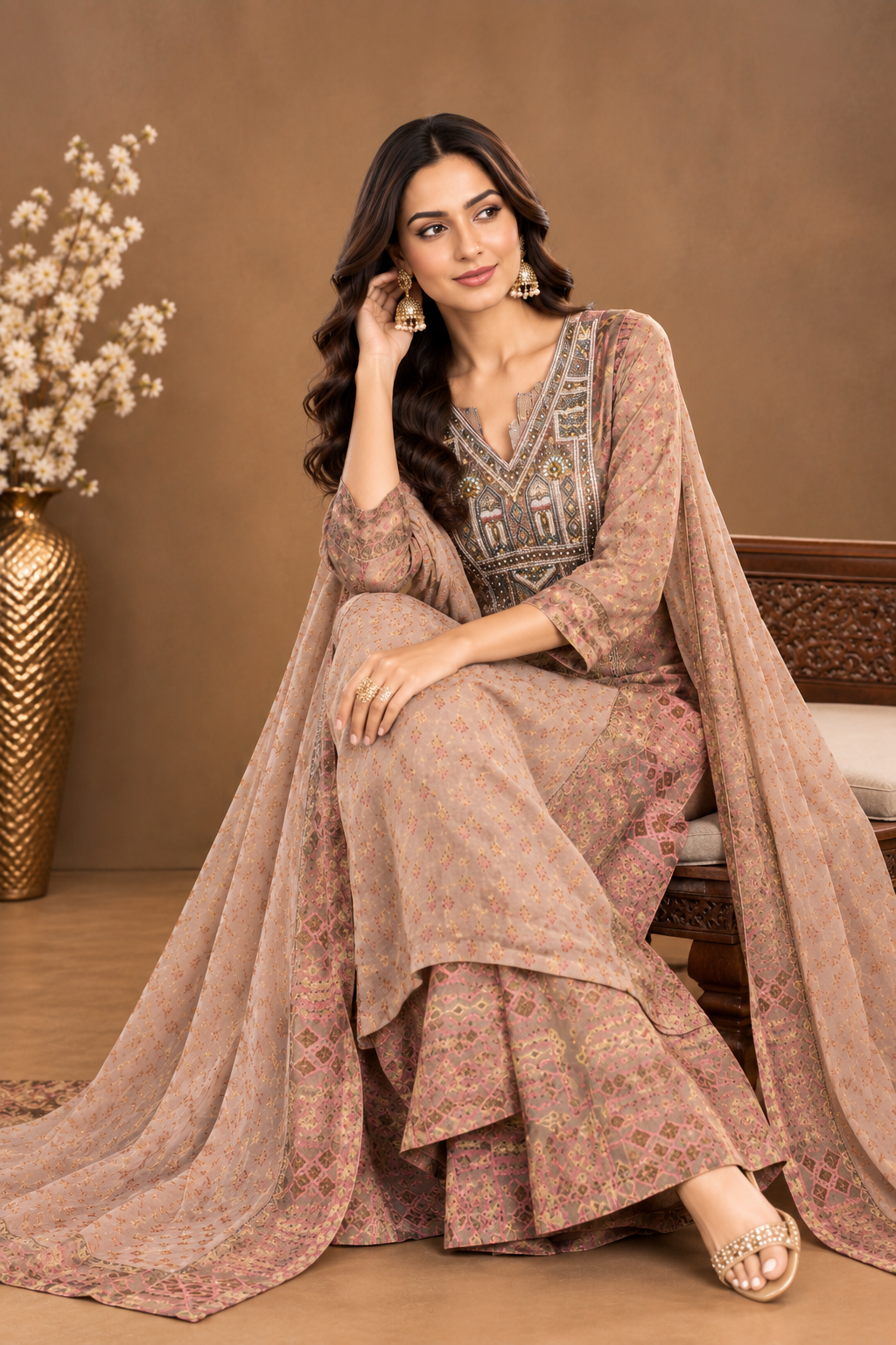 Elegant Beige Printed Palazzo Suit Set