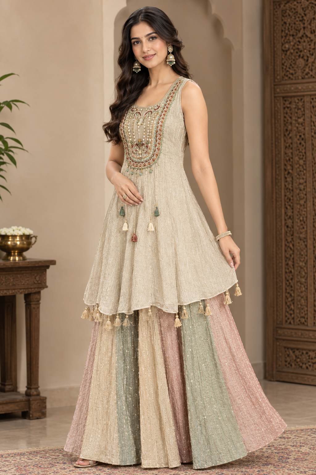 Elegant Embroidered Kurta with Multicolor Palazzo Set