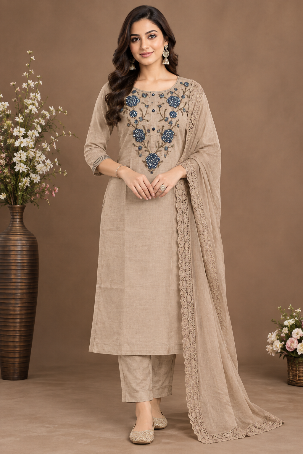 Elegant Beige Embroidered Salwar Suit Set