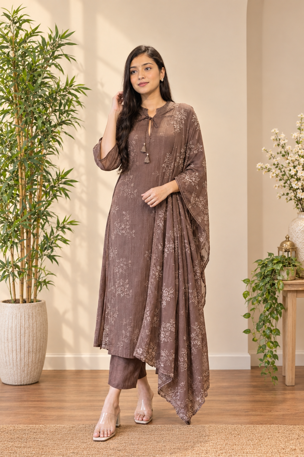 Elegant Taupe Brown Printed Kurta Palazzo Set with Dupatta