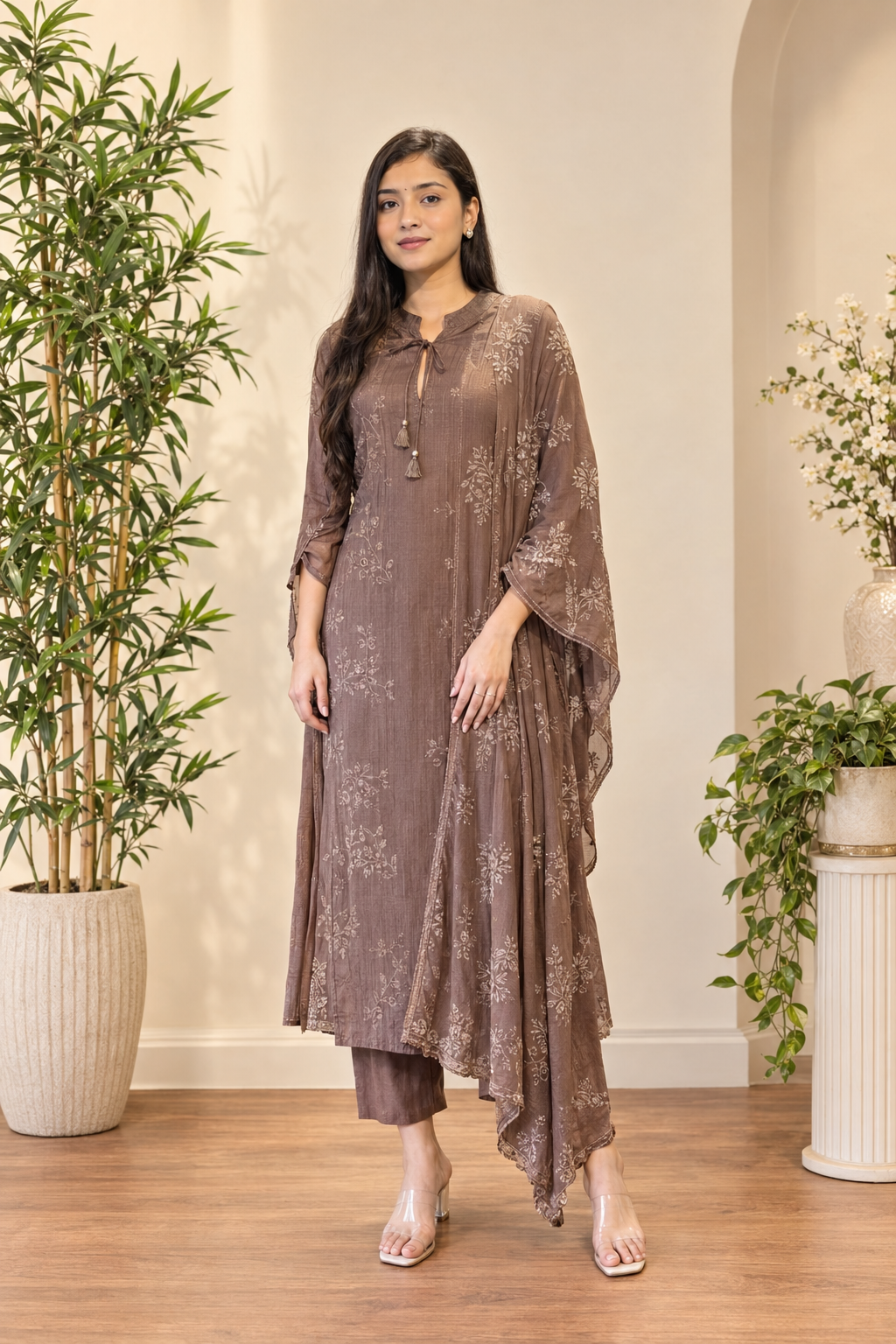 Elegant Taupe Brown Printed Kurta Palazzo Set with Dupatta