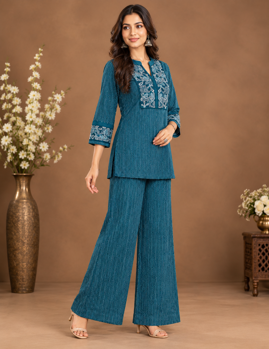 Teal Embroidered Kurta and Palazzo Co-Ord Set