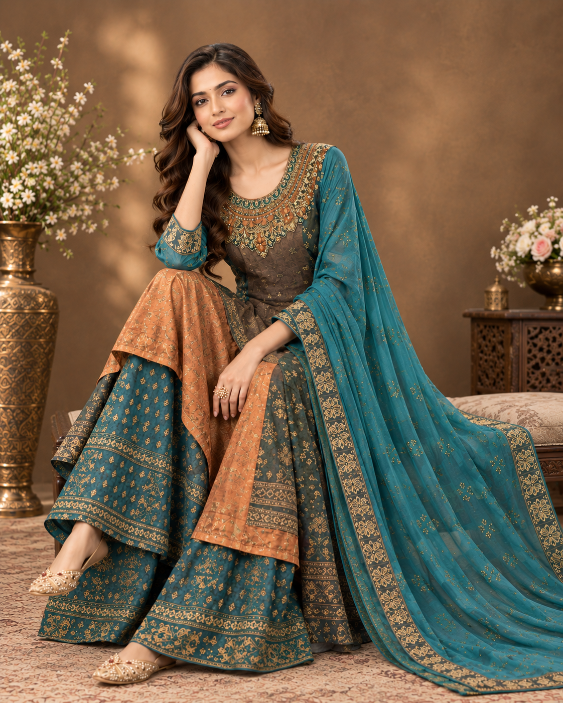 Elegant Teal & Brown Printed Palazzo Suit Set