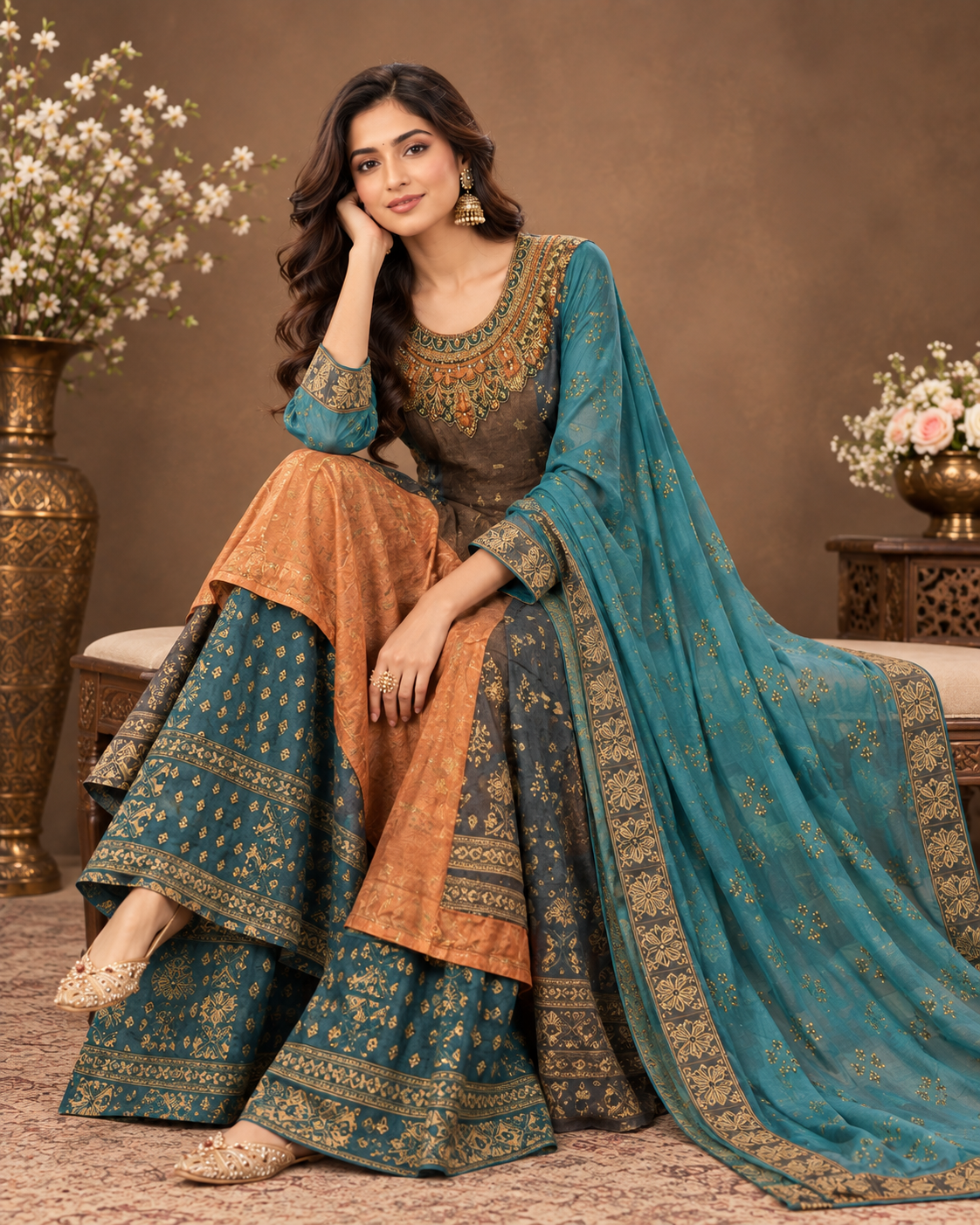 Elegant Teal & Brown Printed Palazzo Suit Set