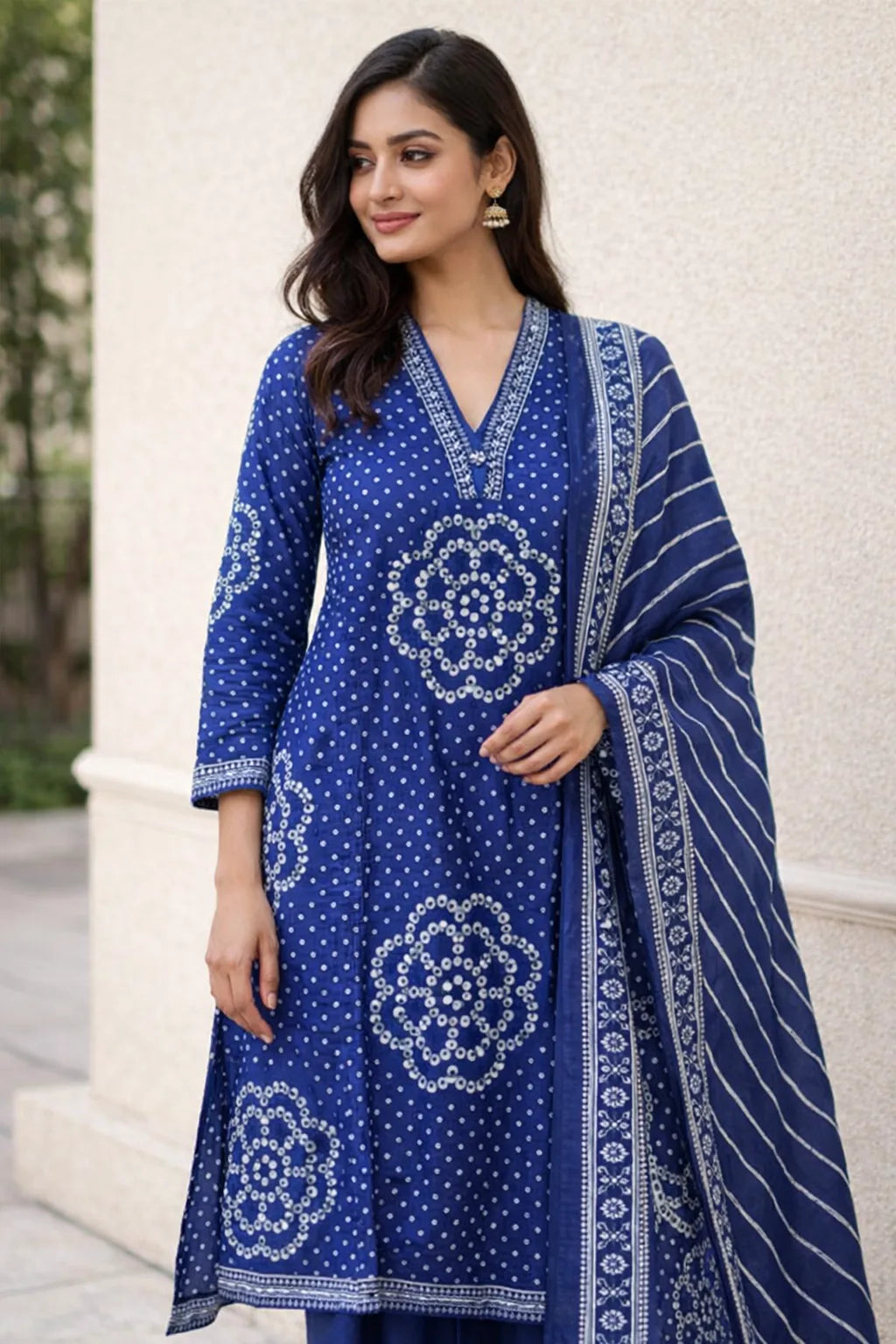 Elegant Blue Ethnic Suit with Geometric Patterns
