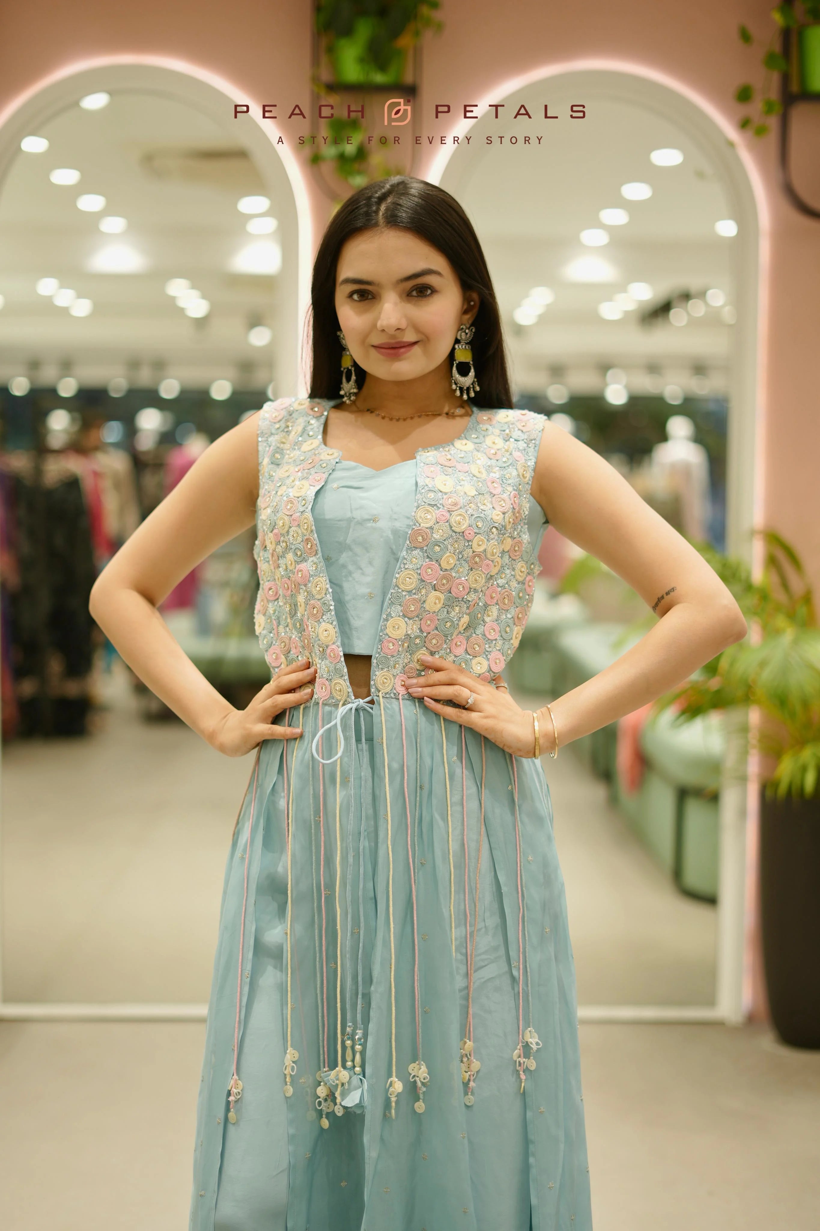 Elegant Crop Top and Flared Palazzo Outfit with Long Floral Vest