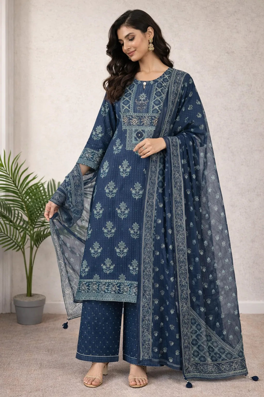 Woman wearing a navy blue printed kurta with matching wide-leg trousers and a sheer patterned dupatta.