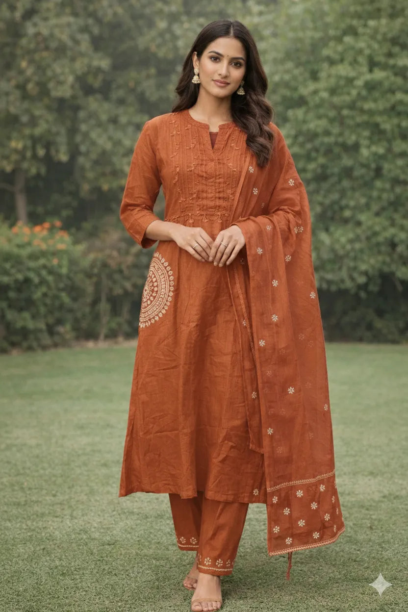 Woman wearing a traditional brown outfit with embroidery, standing outdoors.