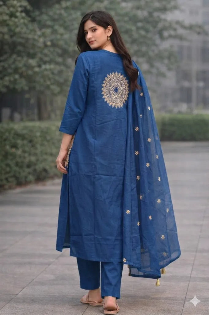 Woman wearing a blue traditional outfit with intricate patterns outdoors.