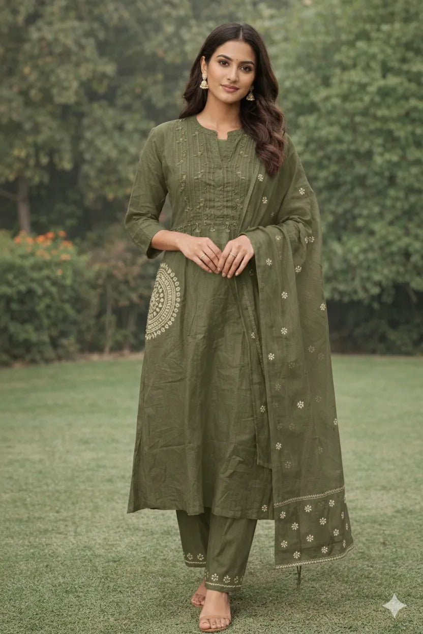 Woman wearing a green traditional outfit with a matching dupatta in an outdoor setting.