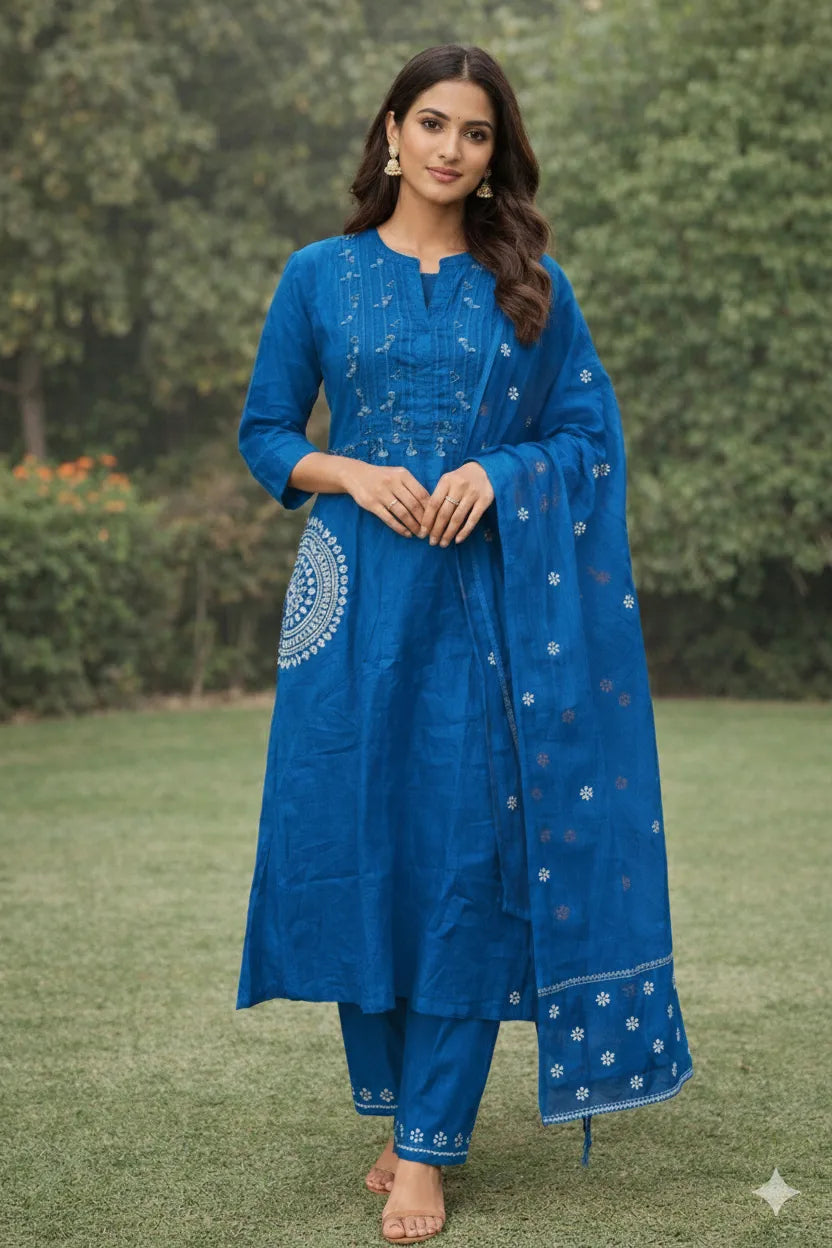 Woman wearing a blue traditional outfit with white patterns standing outdoors.
