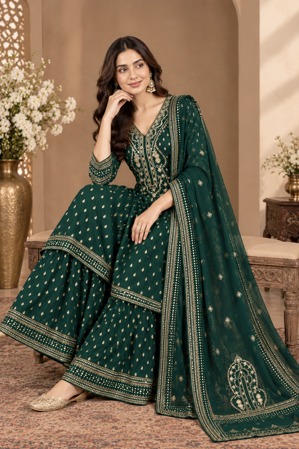 Elegant Embroidered Sharara Suit Set with Dupatta