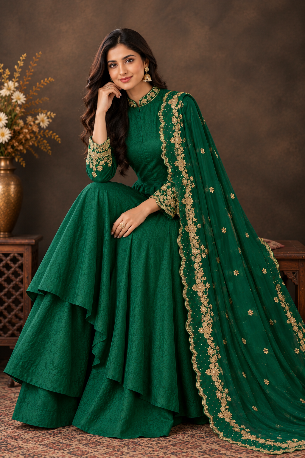 Elegant Emerald Green Anarkali Suit Set with Golden Embroidered Dupatta