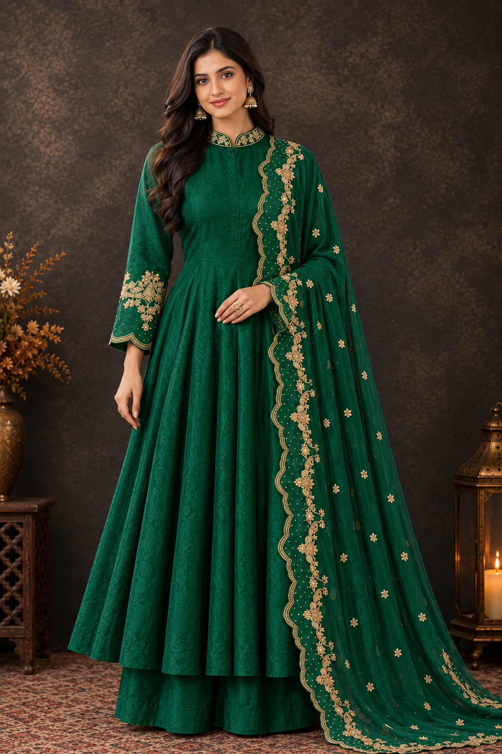 Elegant Emerald Green Anarkali Suit Set with Golden Embroidered Dupatta