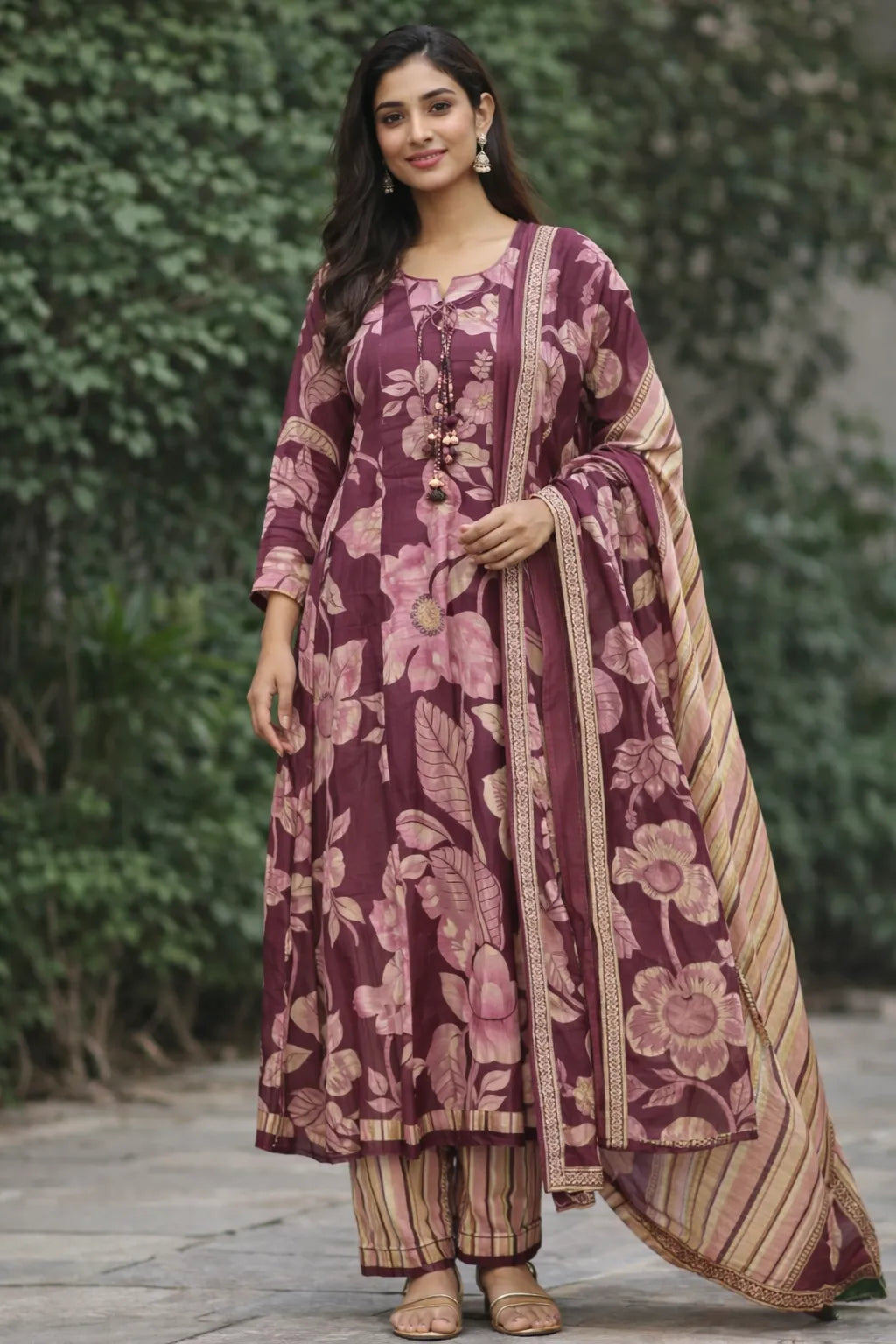 Woman wearing a traditional maroon and gold outfit with floral patterns against a green foliage background.