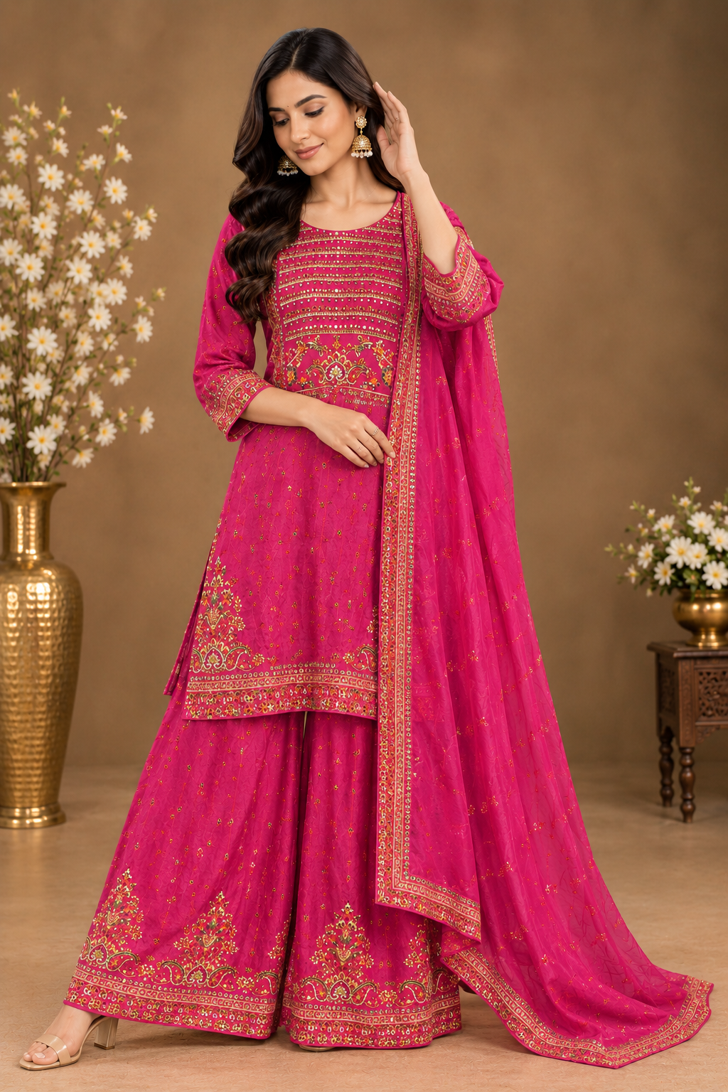 Embroidered Kurta Sharara Set with Dupatta for Women