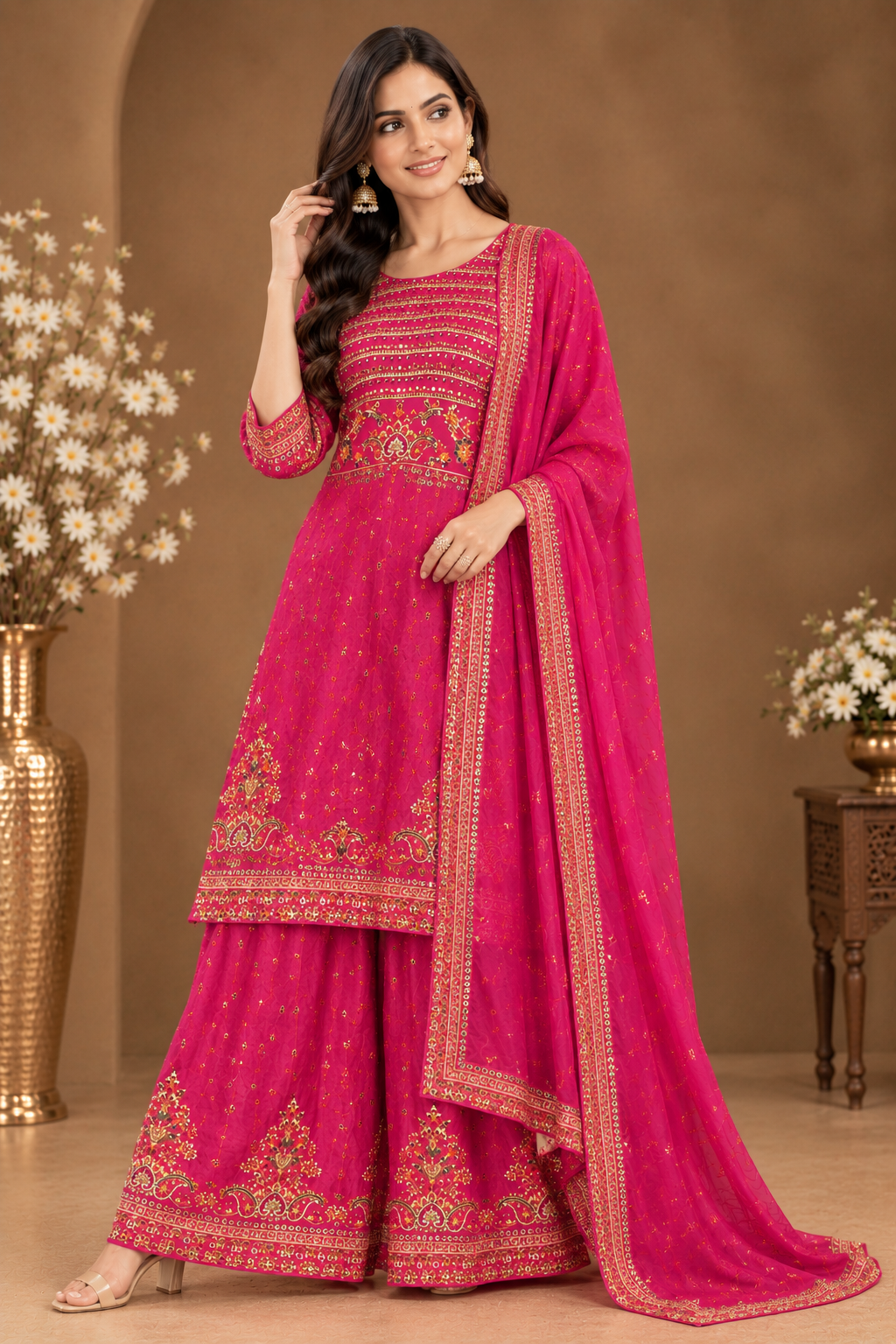 Embroidered Kurta Sharara Set with Dupatta for Women