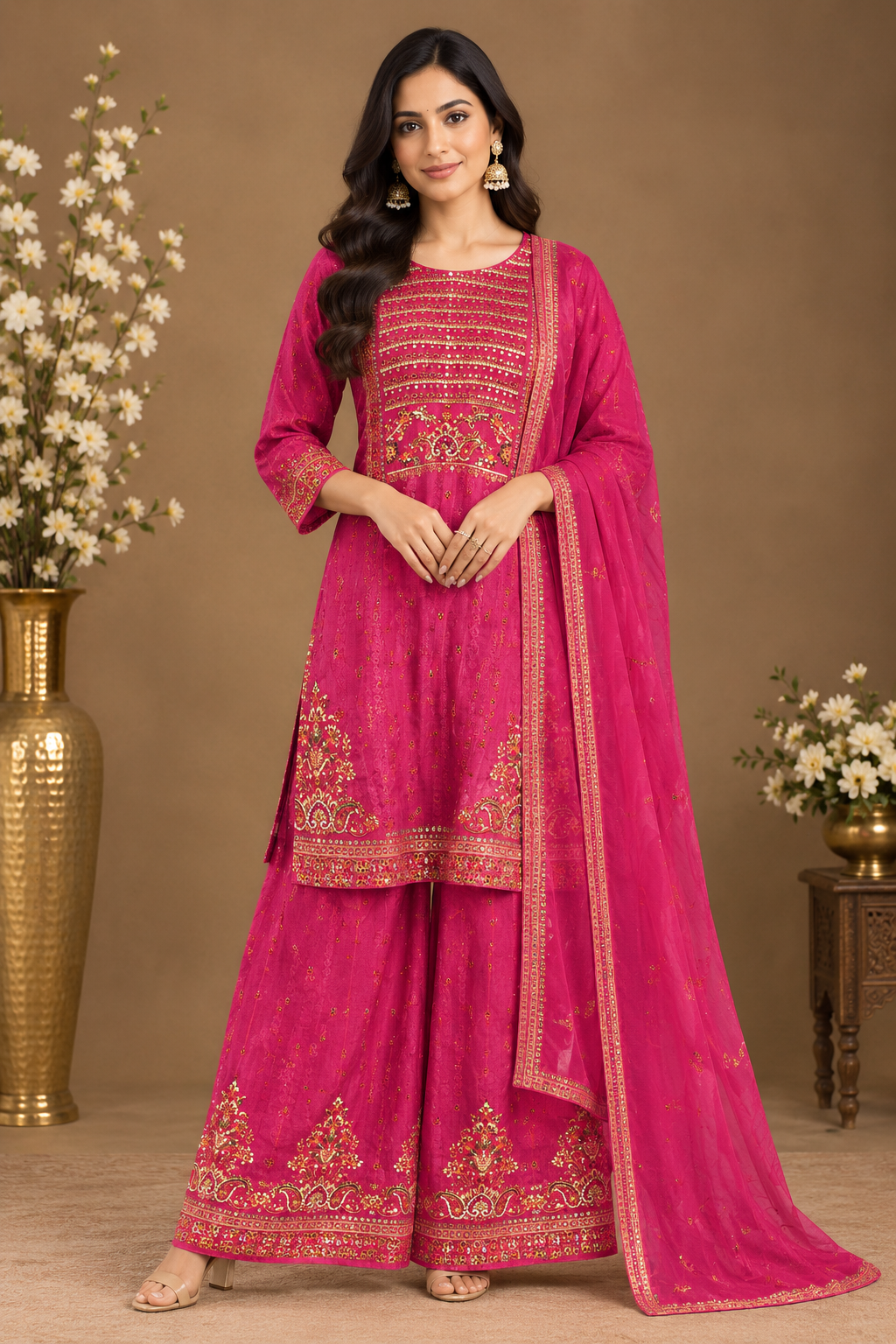 Embroidered Kurta Sharara Set with Dupatta for Women