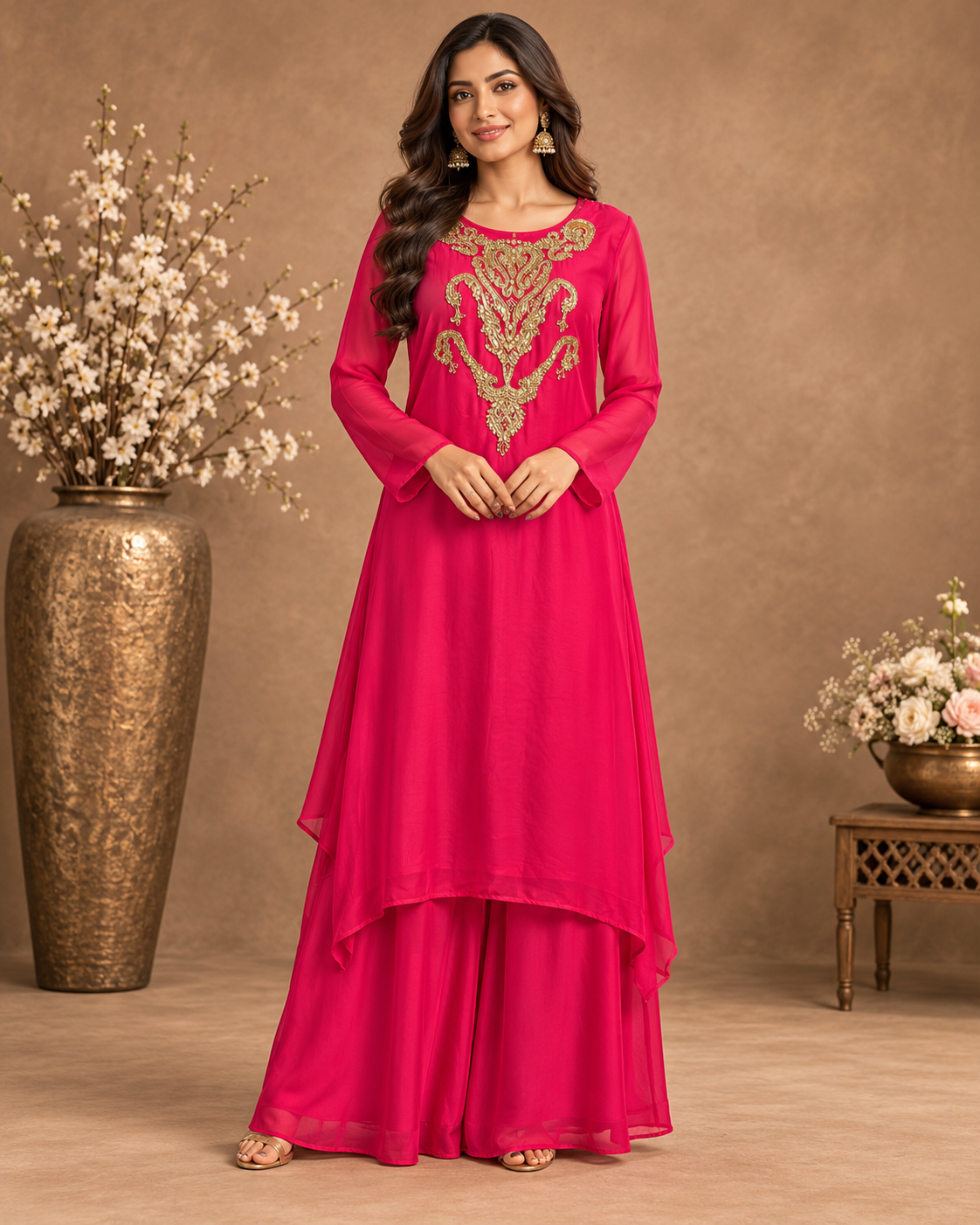 Fuchsia Gold Embroidered Anarkali Set